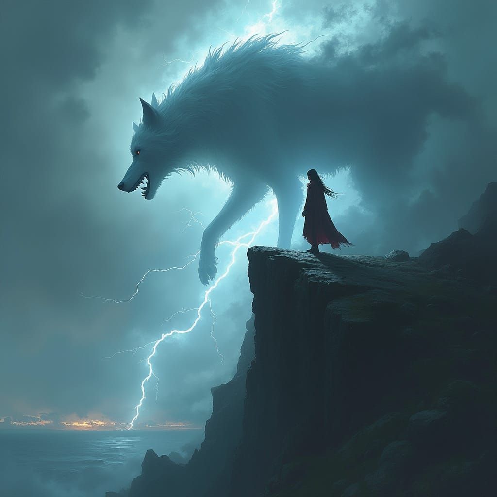 Warrior Woman & Spectral Wolf on Cliff
