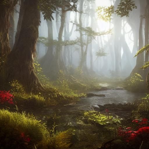 Tabby Cats Play in Lush Fantasy Forest