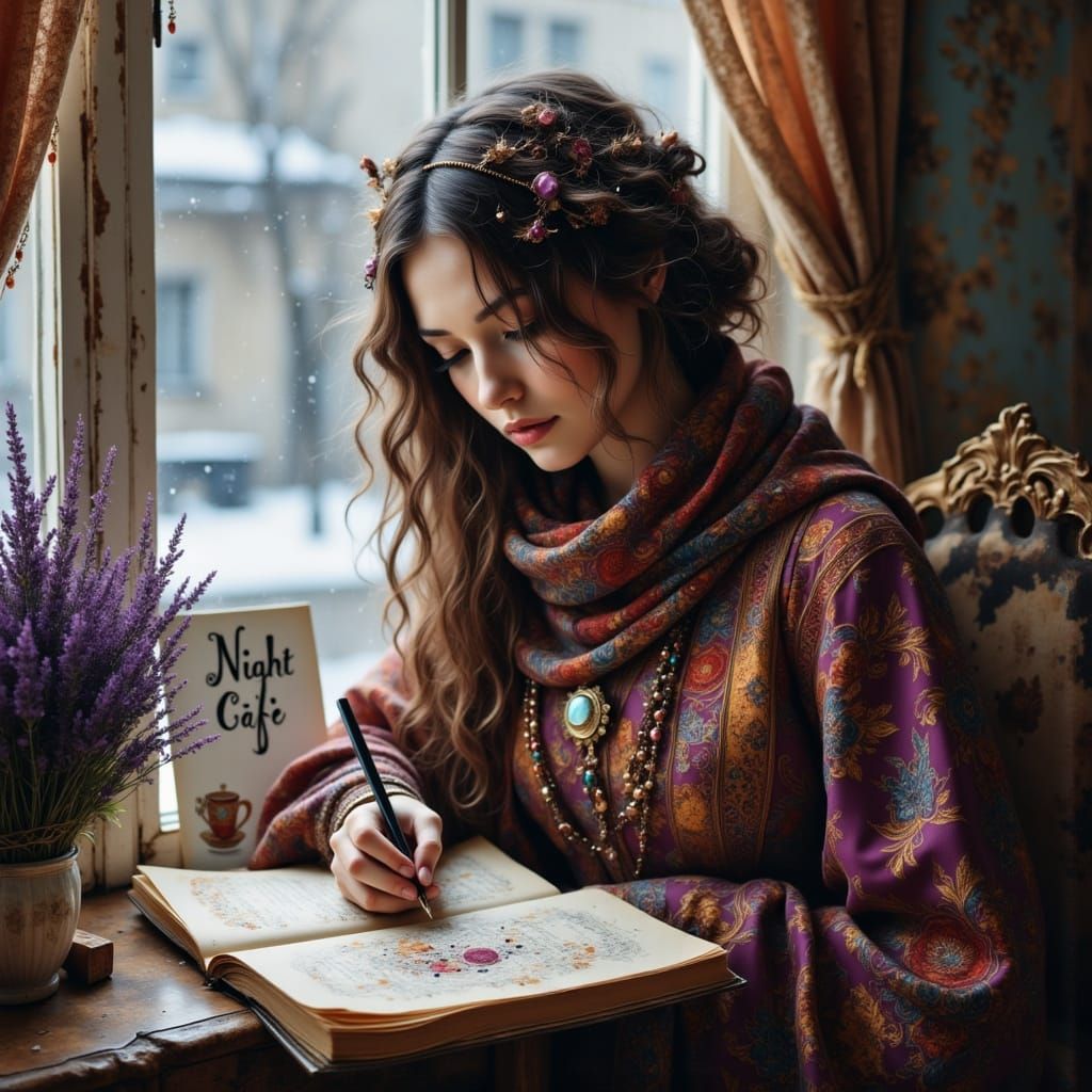 Bohemian Woman Drawing by Snowy Window
