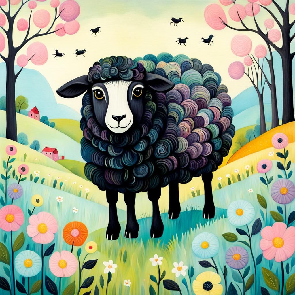 Whimsical Black Sheep in Cute Folk Art Style