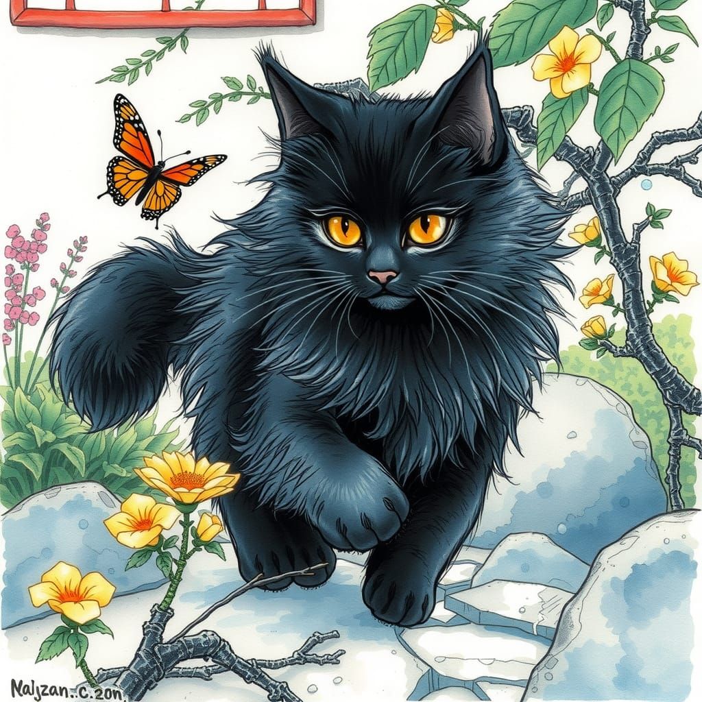 Black Cat in Zen Garden, Watercolor Illustration