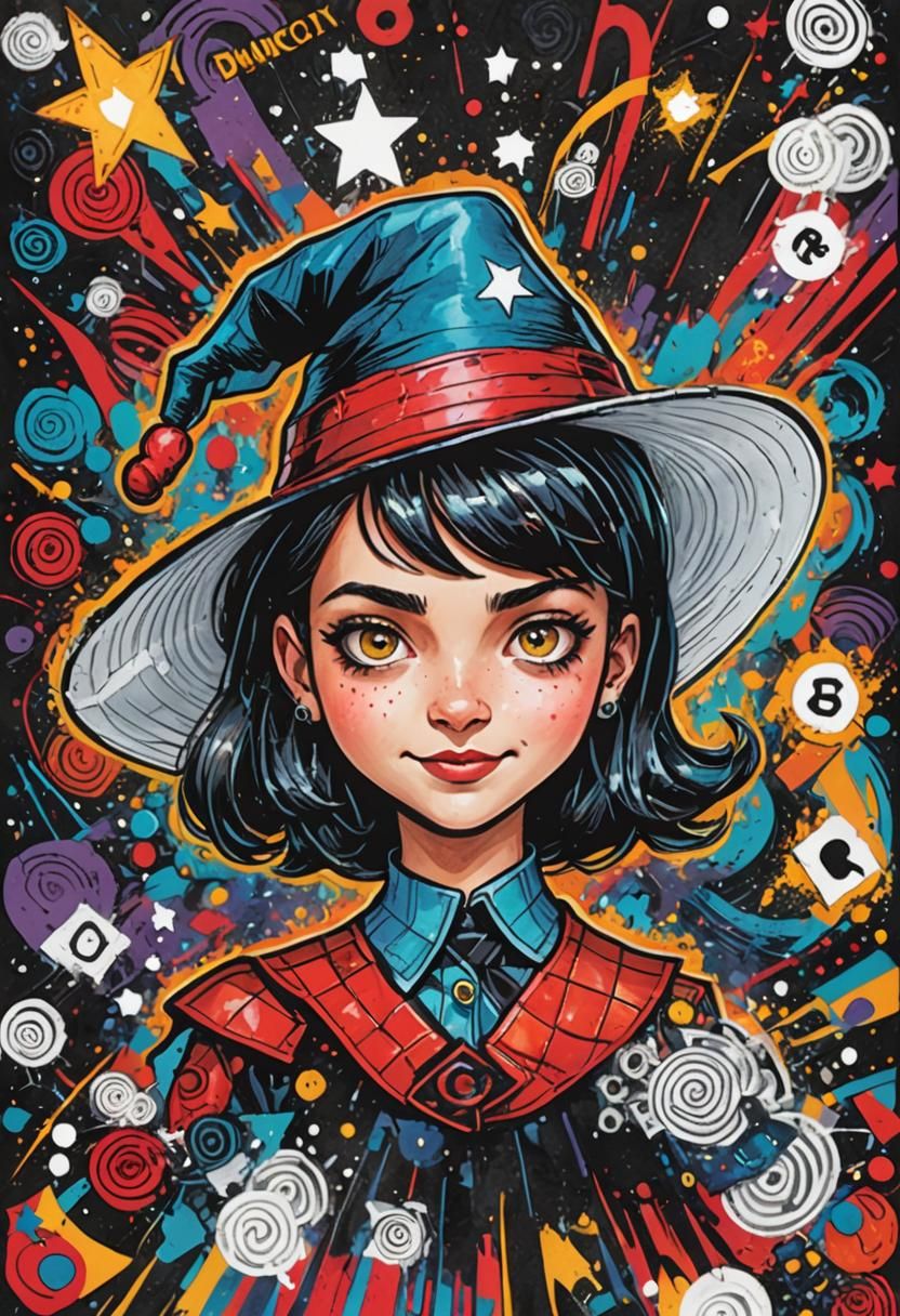 Girl in Magician Hat, Comic Book Art Portrait