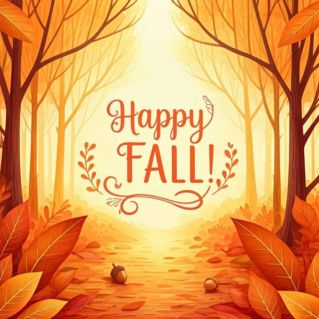 Watercolor Autumn Card with Golden Light and Foliage