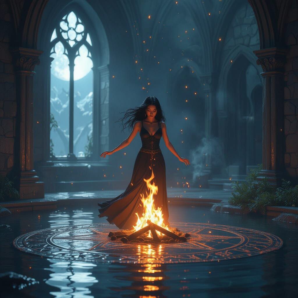 Mystical Woman Dances in Pentagram Fire in Gothic Room