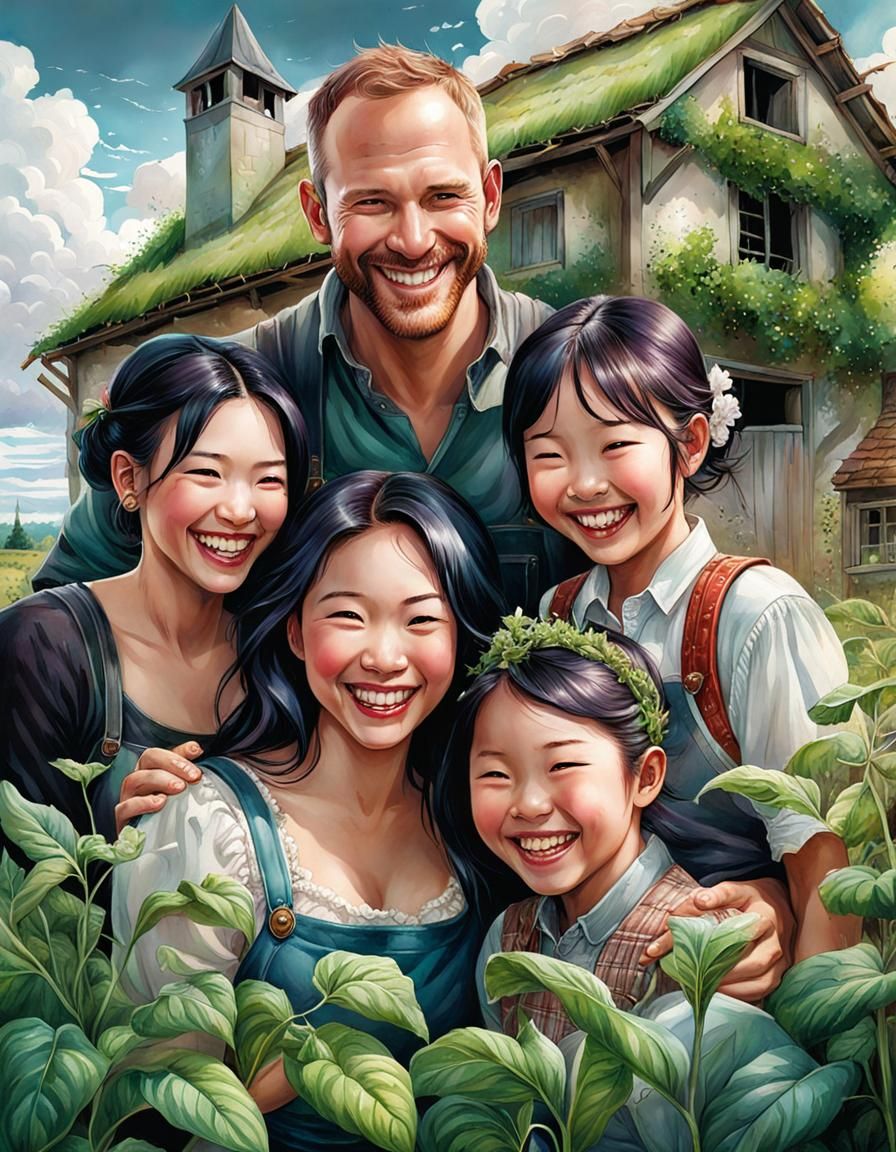 Laughing Family in Farm: Watercolor Comic Book Cover