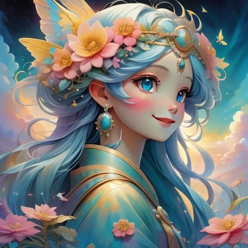 Summer Goddess with Abstract Cloud Background