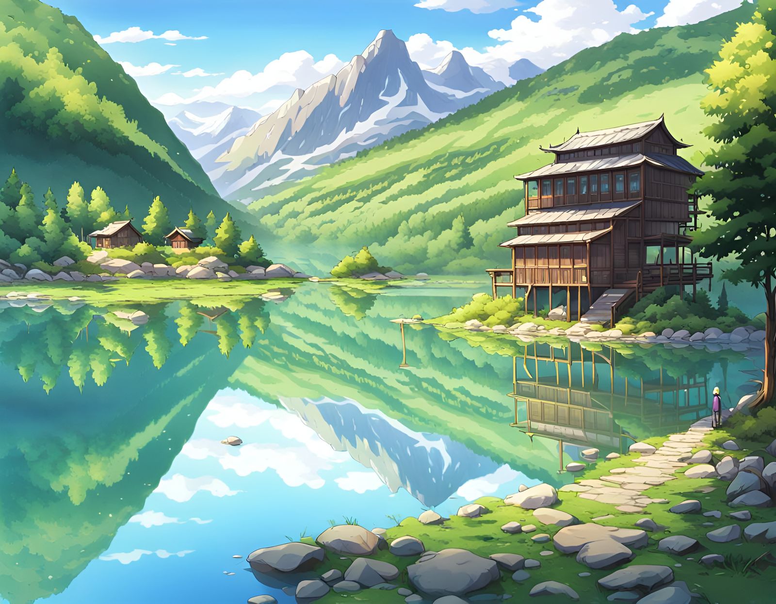 Kashmir Valley Lake View in Anime Style