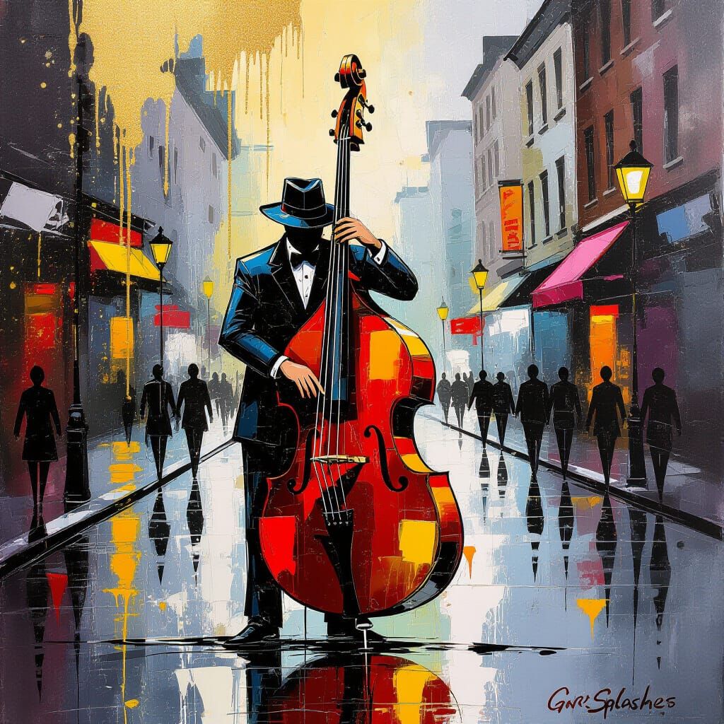 Street Musician with Ink Splashes and Golden Highlights