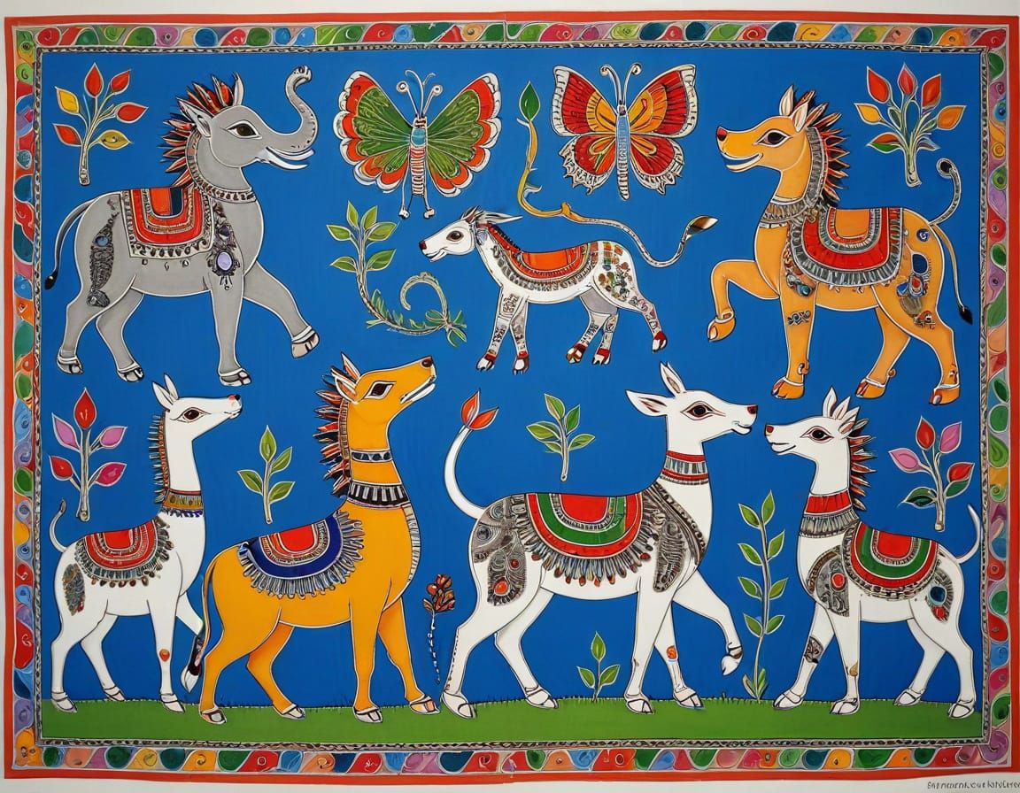Whimsical Madhubani Painting of Funny Animals
