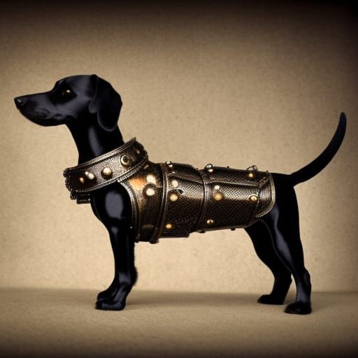 Black Chiweenie wearing steampunk style armor hyper defined intricate detail 8k resolution photo quality epic lighting