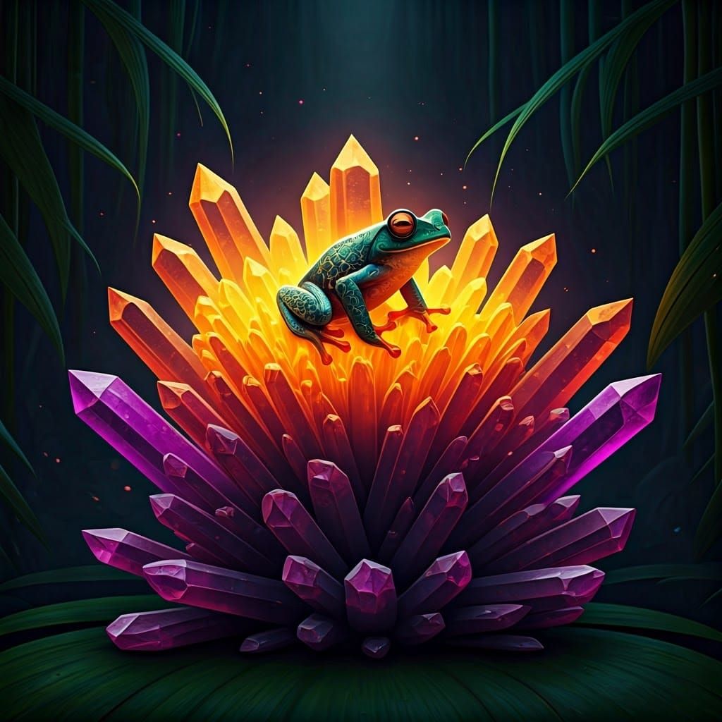 Orange Fire Frog in Crystalline Rainforest, Dark Fantasy Art