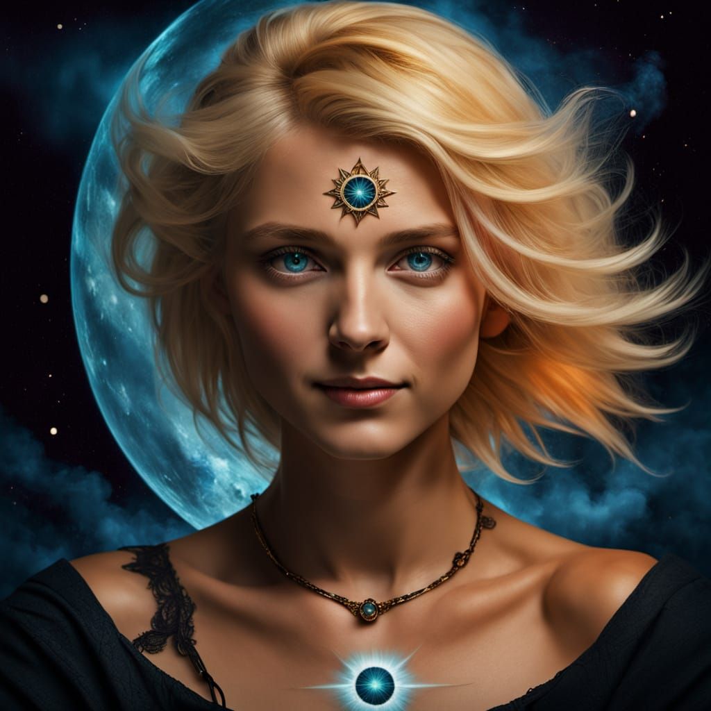 Surreal Fantasy Goddess with Flirtatious Smile and Pentagram...