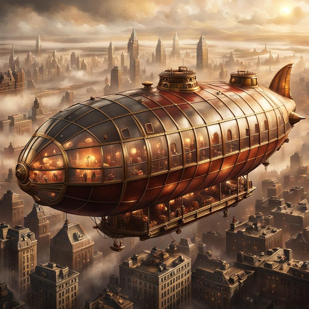 Steampunk Airship Over Foggy Cityscape