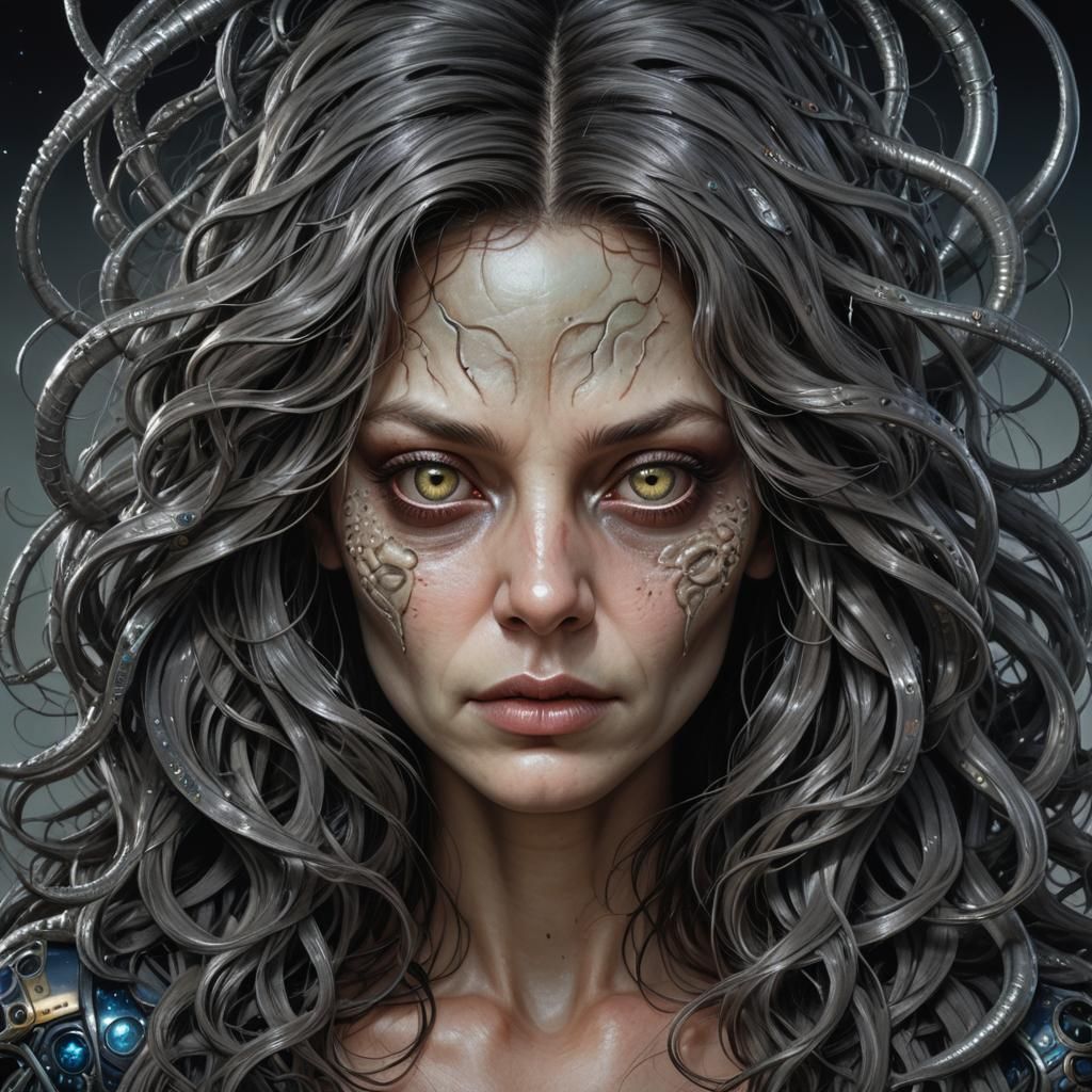 Hyperrealistic Portrait of a Grey-Skinned Alien Woman