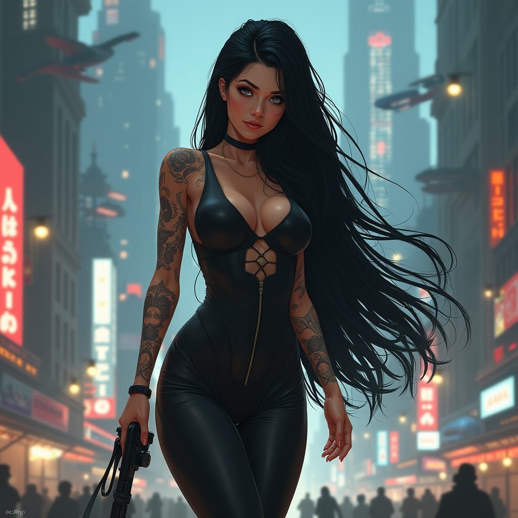 Futuristic Woman in Cyberpunk Cityscape