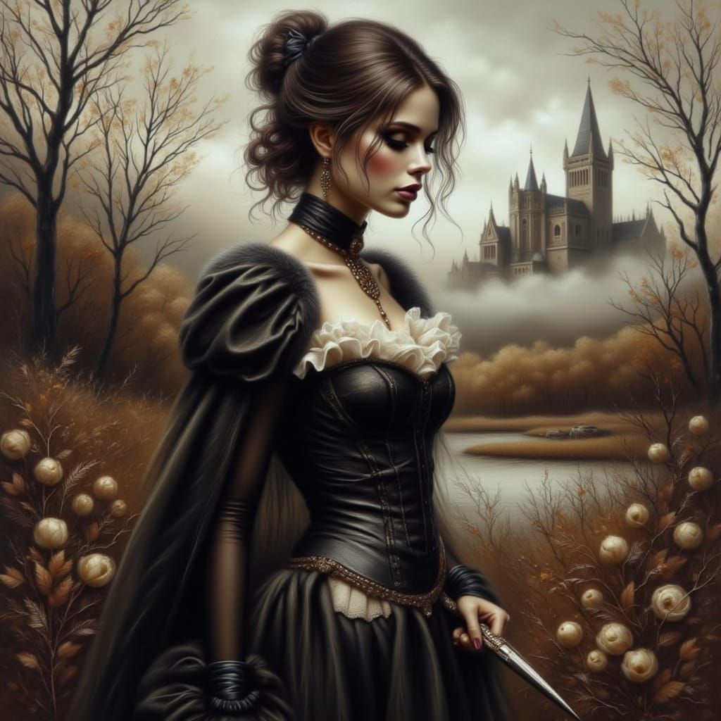 Gritty Victorian Goddess in a Moody Autumn Landscape