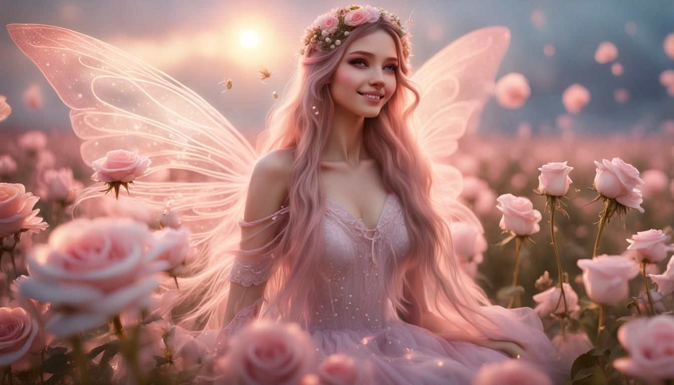 Ethereal Fairy in Rose Garden, Digital Art