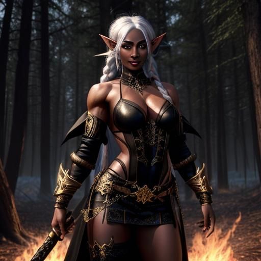 Drow Elf Sorceress Dancing in the Woods