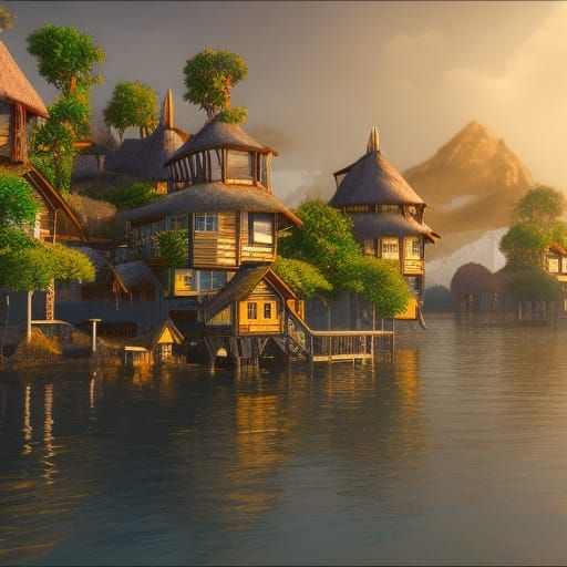 Fantastical Island Village on Stilts, Detailed Digital Art