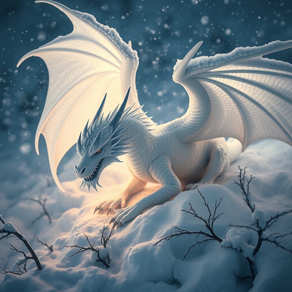 Ethereal White Dragon in Snowy Wilderness