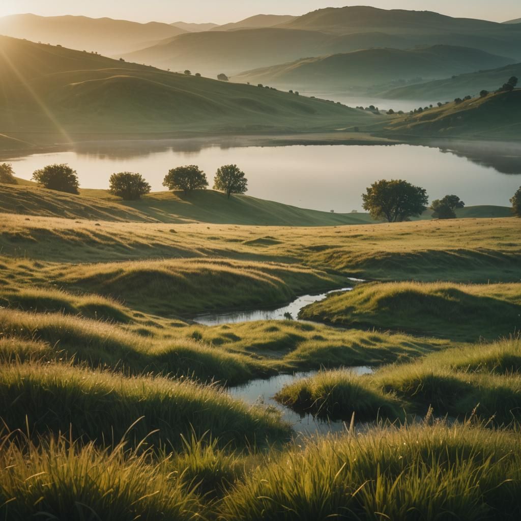 Golden Sunrise Over Misty Grassland in Cinematic Style
