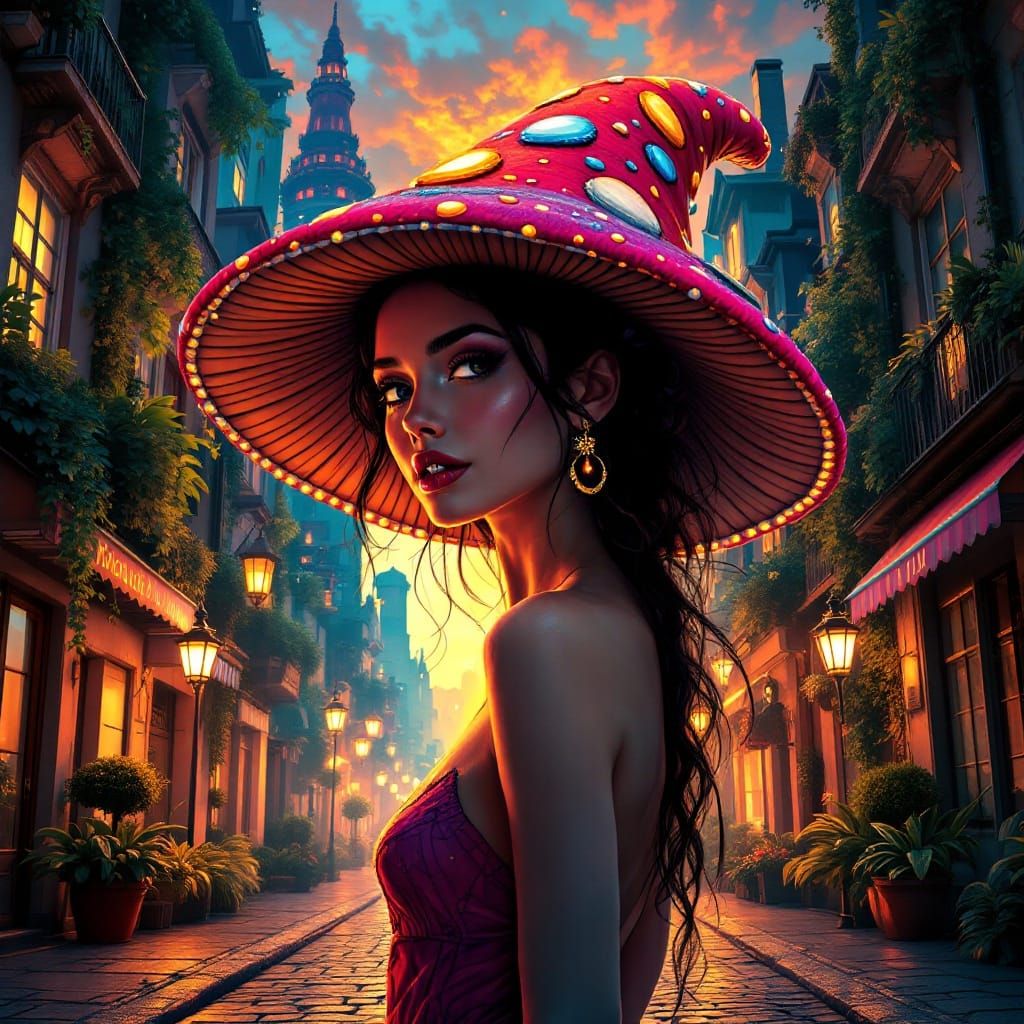 Mystical Urban Goddess in Whimsical Mushroom Hat