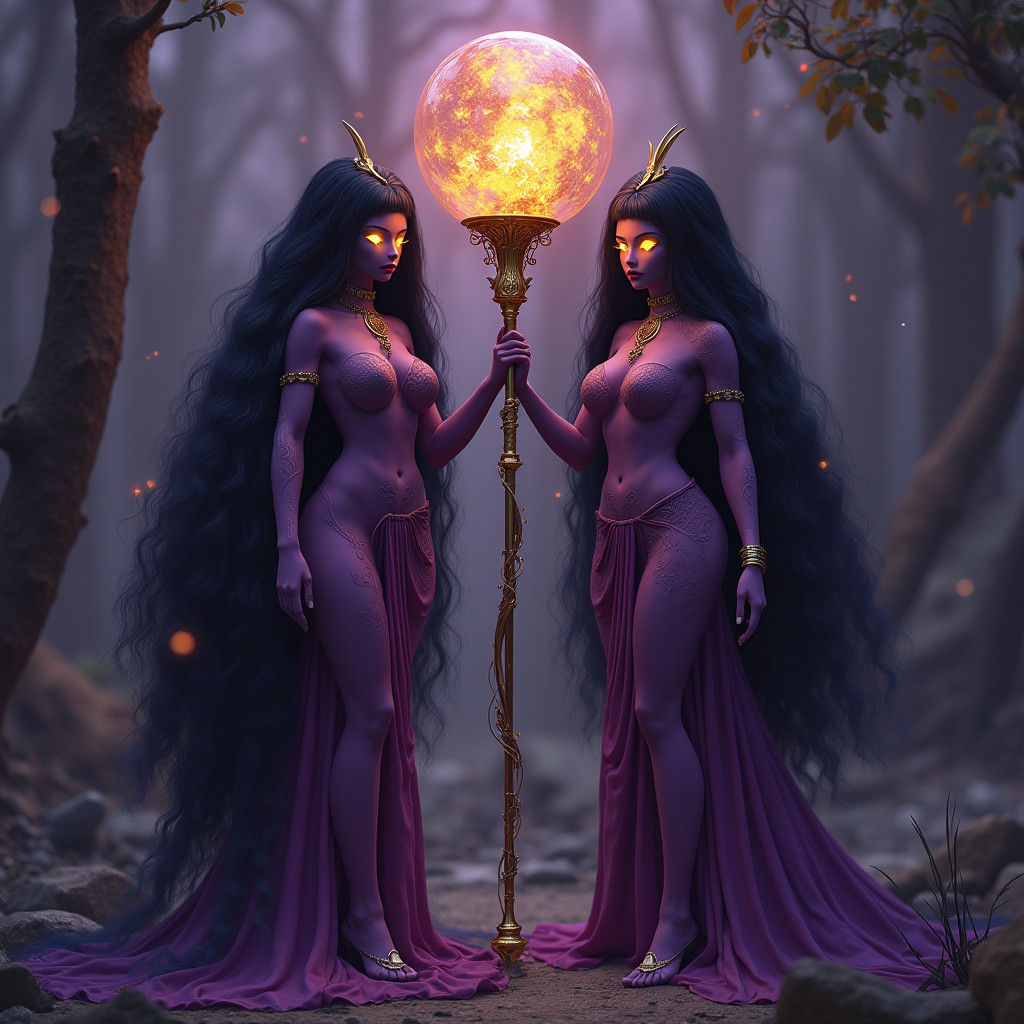 Majestic Purple Tulpas with Golden Staffs: Fantasy Art
