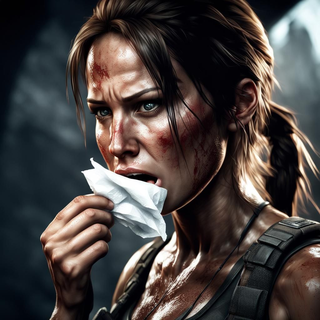 Hyperrealistic Image of Lara Croft Sneezing
