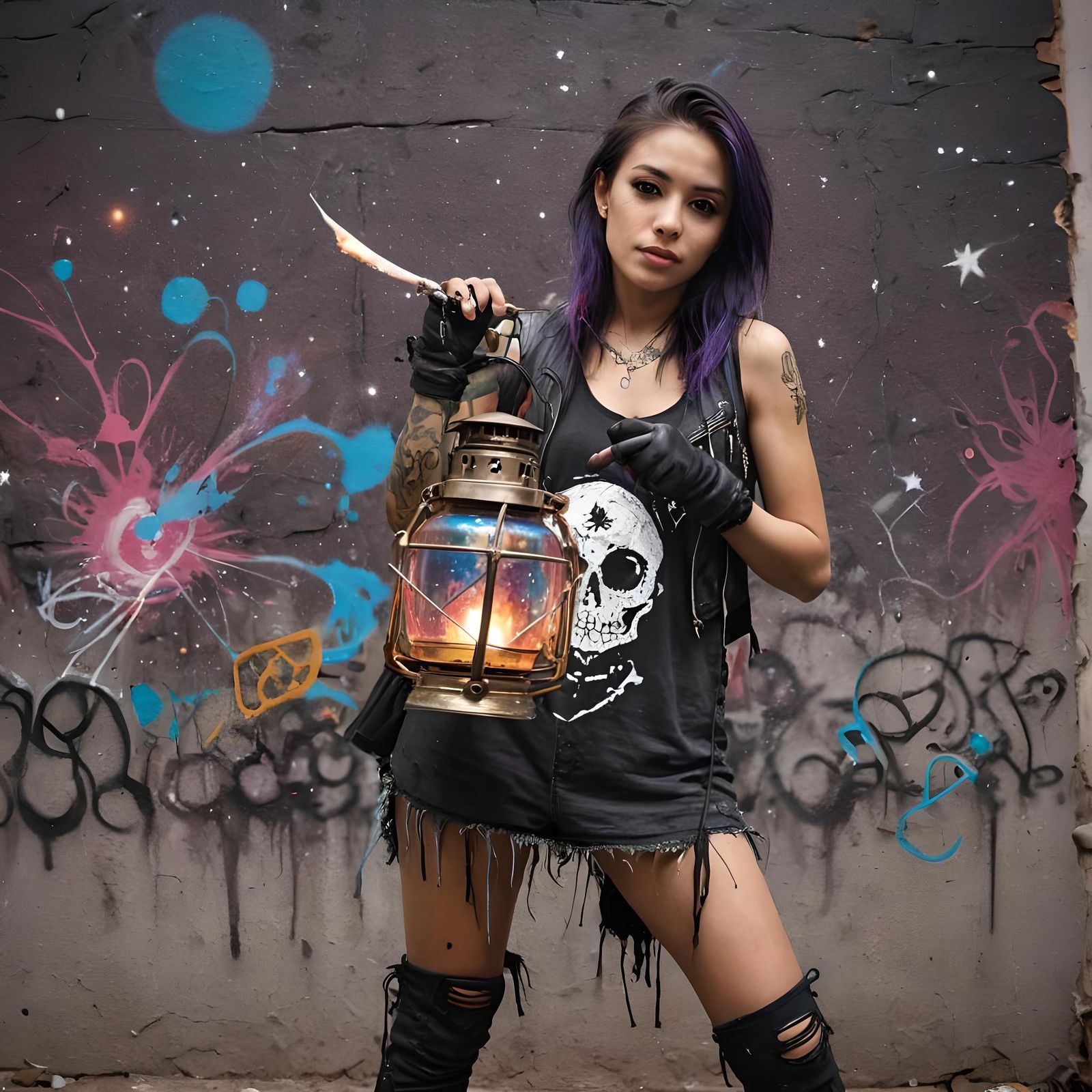 A Mexican female rocker holds a vintage lantern containing t...