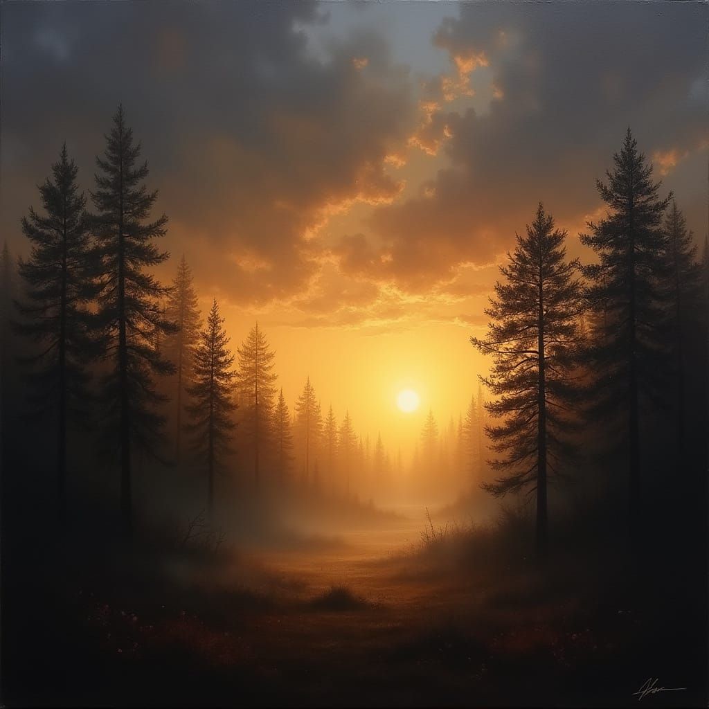 Misty Tonalist Landscape at Sunset with Dark Clouds