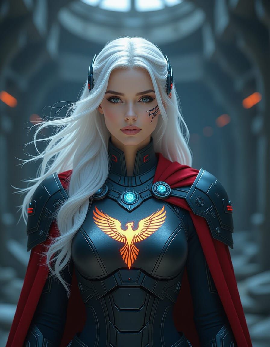 Futuristic Woman in Armor with Luminous Phoenix Symbol