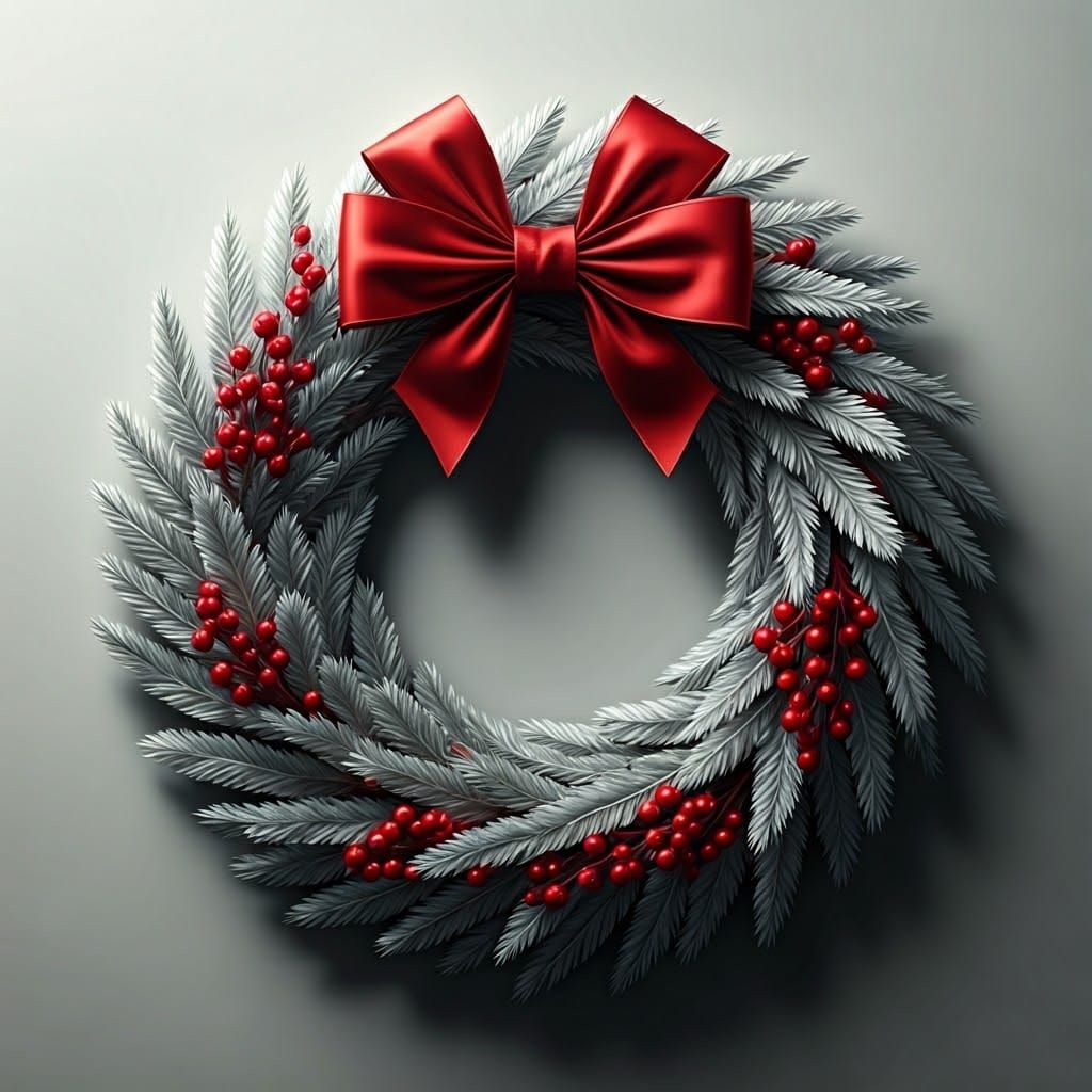 Silver Christmas Wreath with Red Berries, Hyperrealistic Art