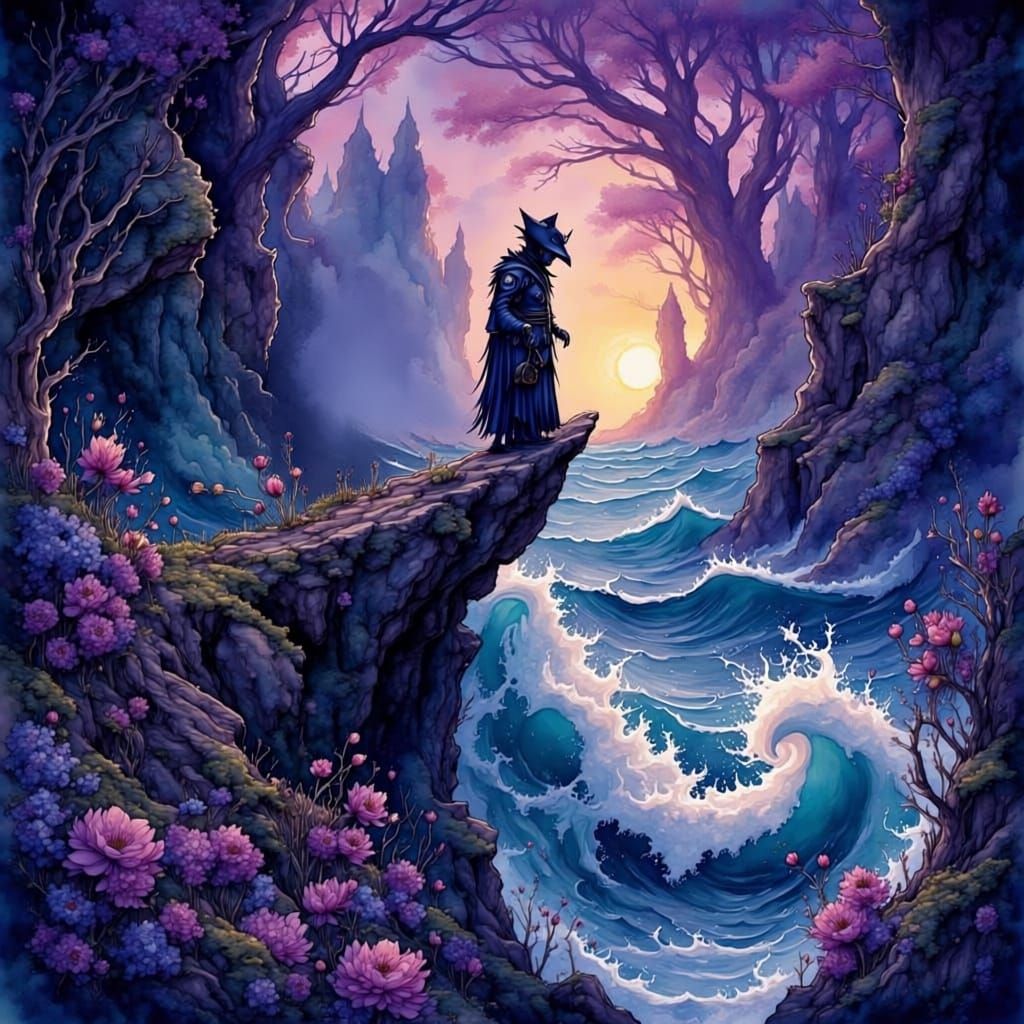 A mysteriousfigure standing at the edge of a cliff