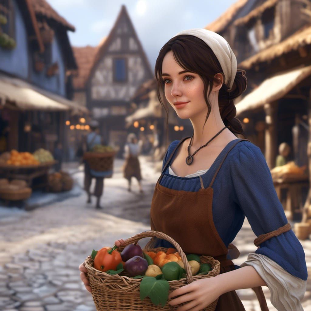 Medieval Brunette at Village Bazaar in Anime Style