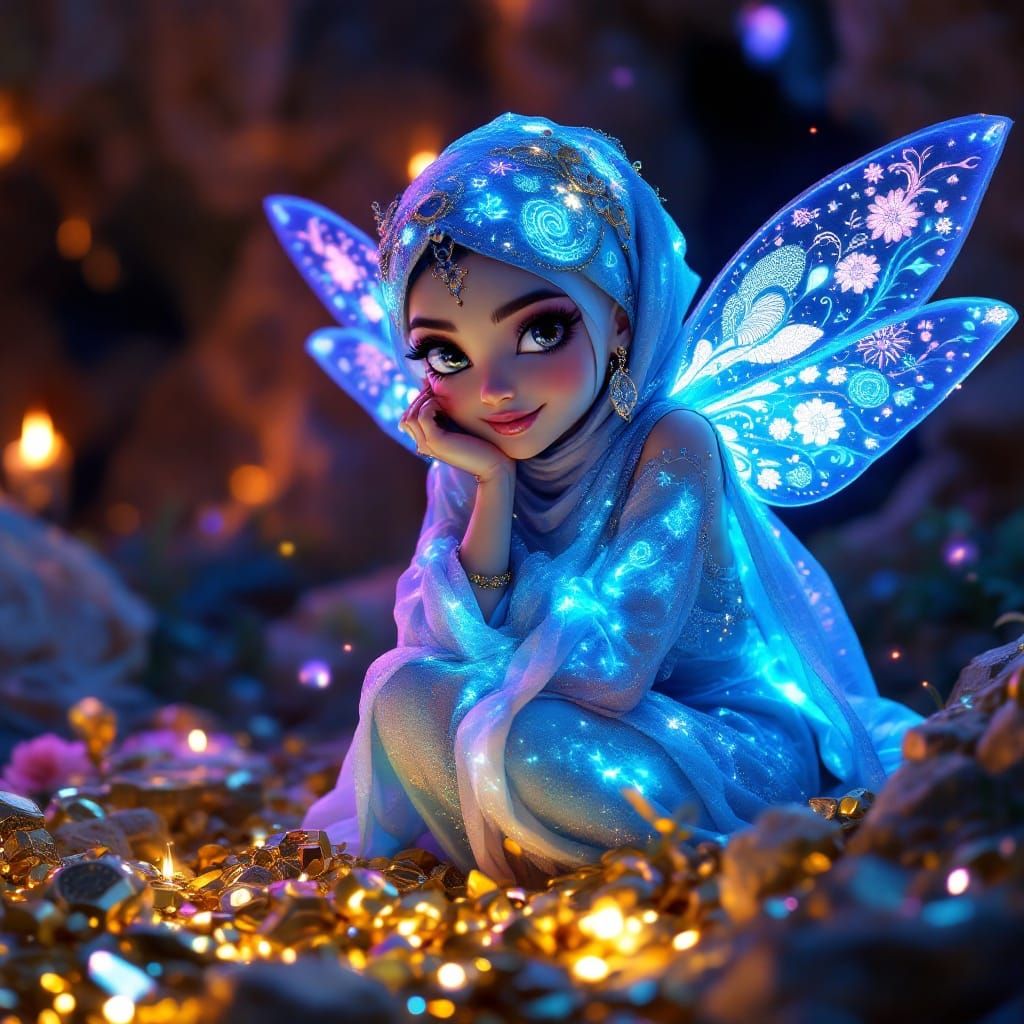 Whimsical Arabian Pixie in a Shimmering Cave of Wonder