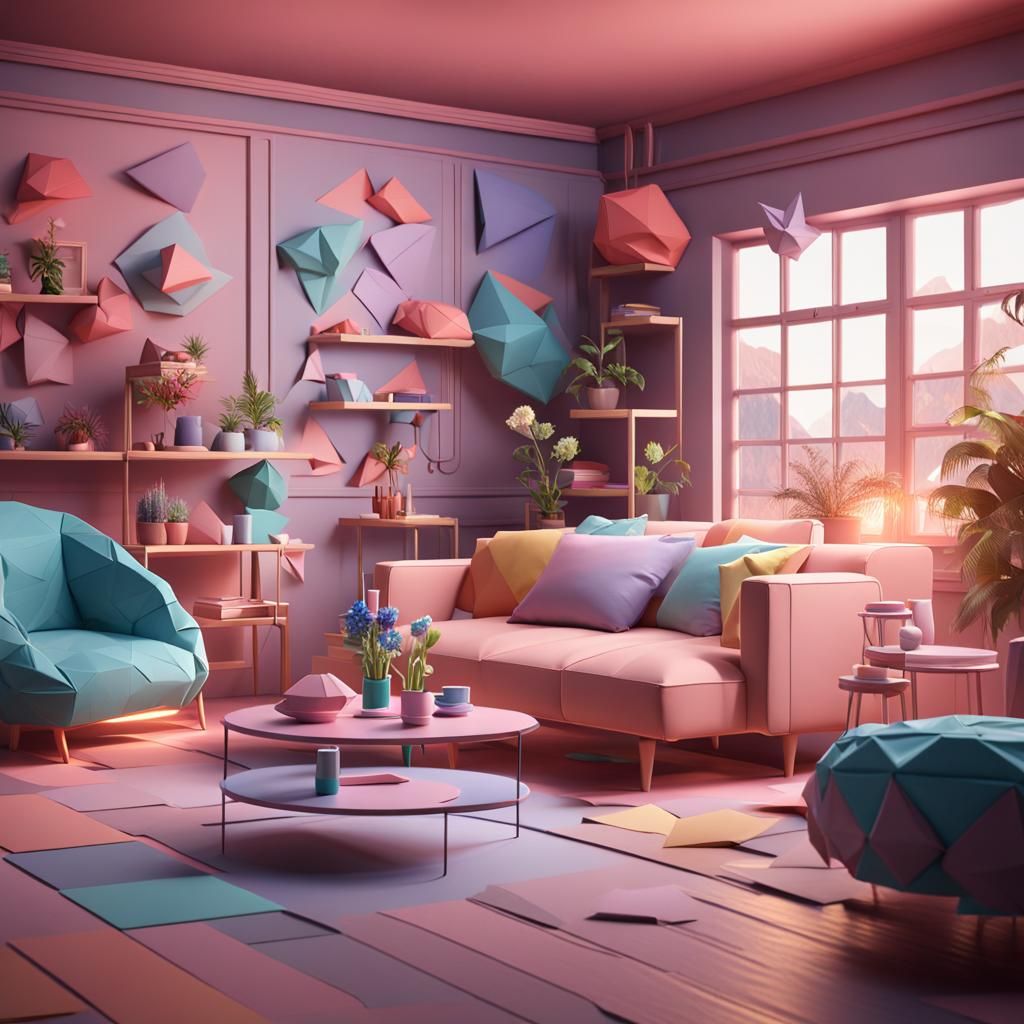 Origami Living Room: Detailed Matte Painting