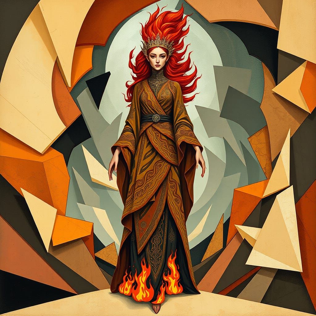 Cubist Princess Amidst Geometric Flames