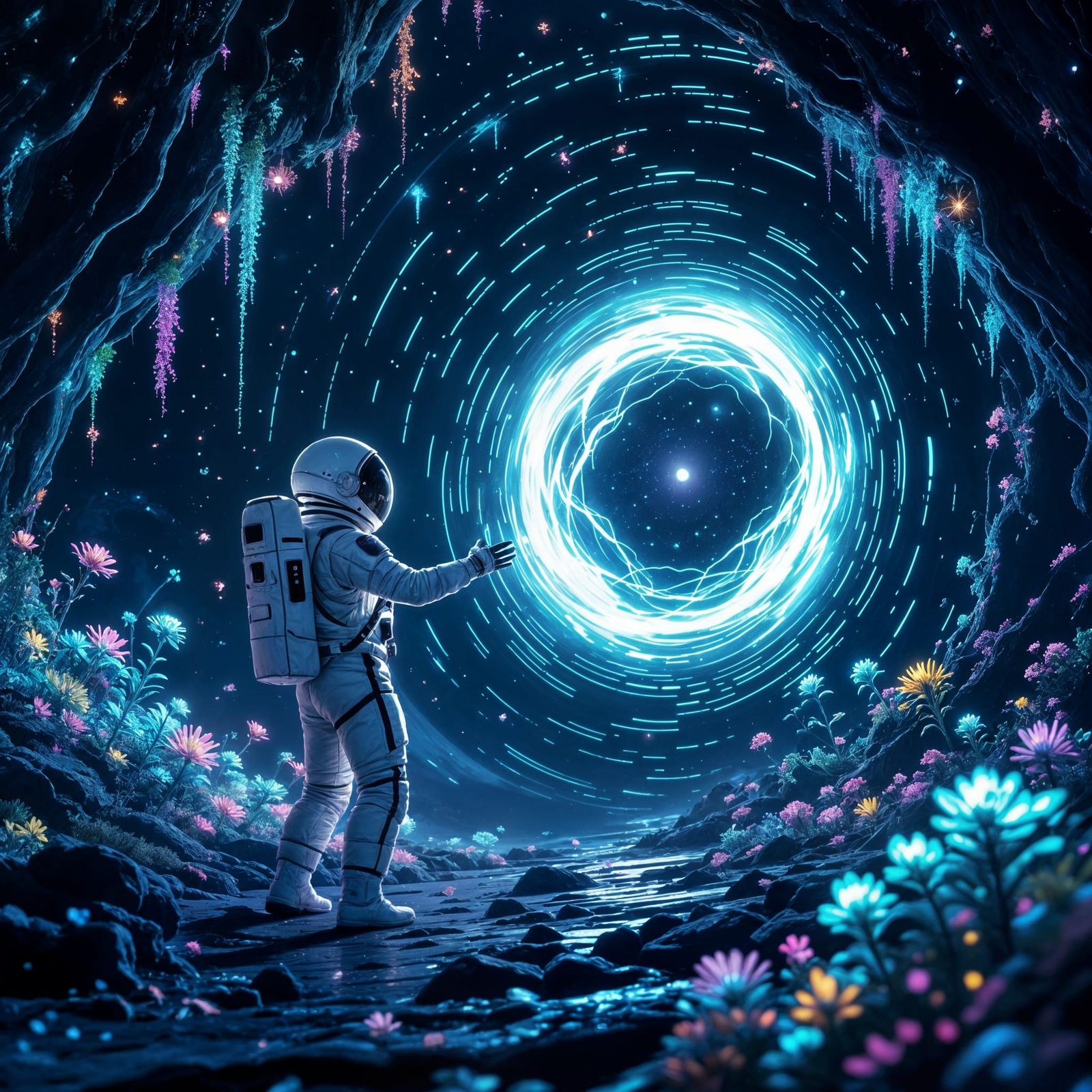 Astronaut Reaches for Portal Amidst Bioluminescent Alien Flo...