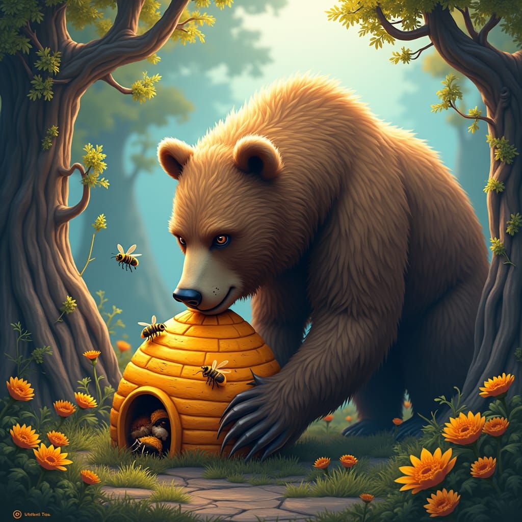 Bear Licking Beehive in Dreamlike Forest