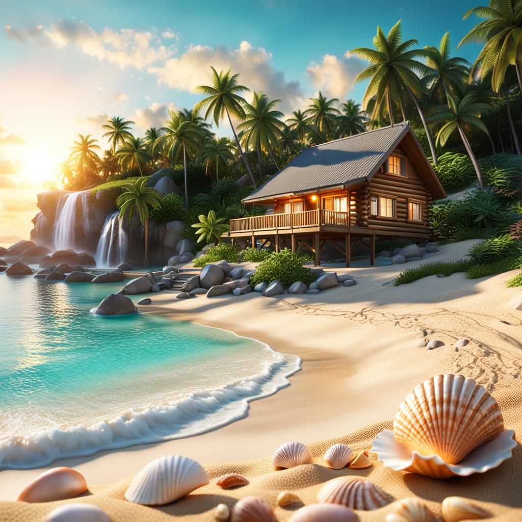 Hyper-Realistic 3D Island Oasis at Sunset