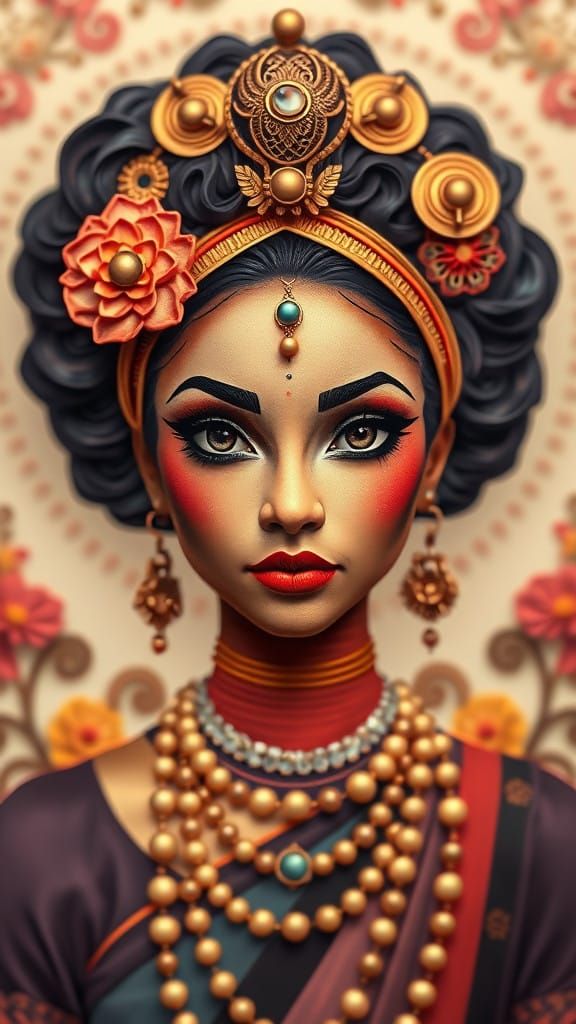 Steampunk Afro Goddess in Vibrant Fractal Quilling Backgroun...