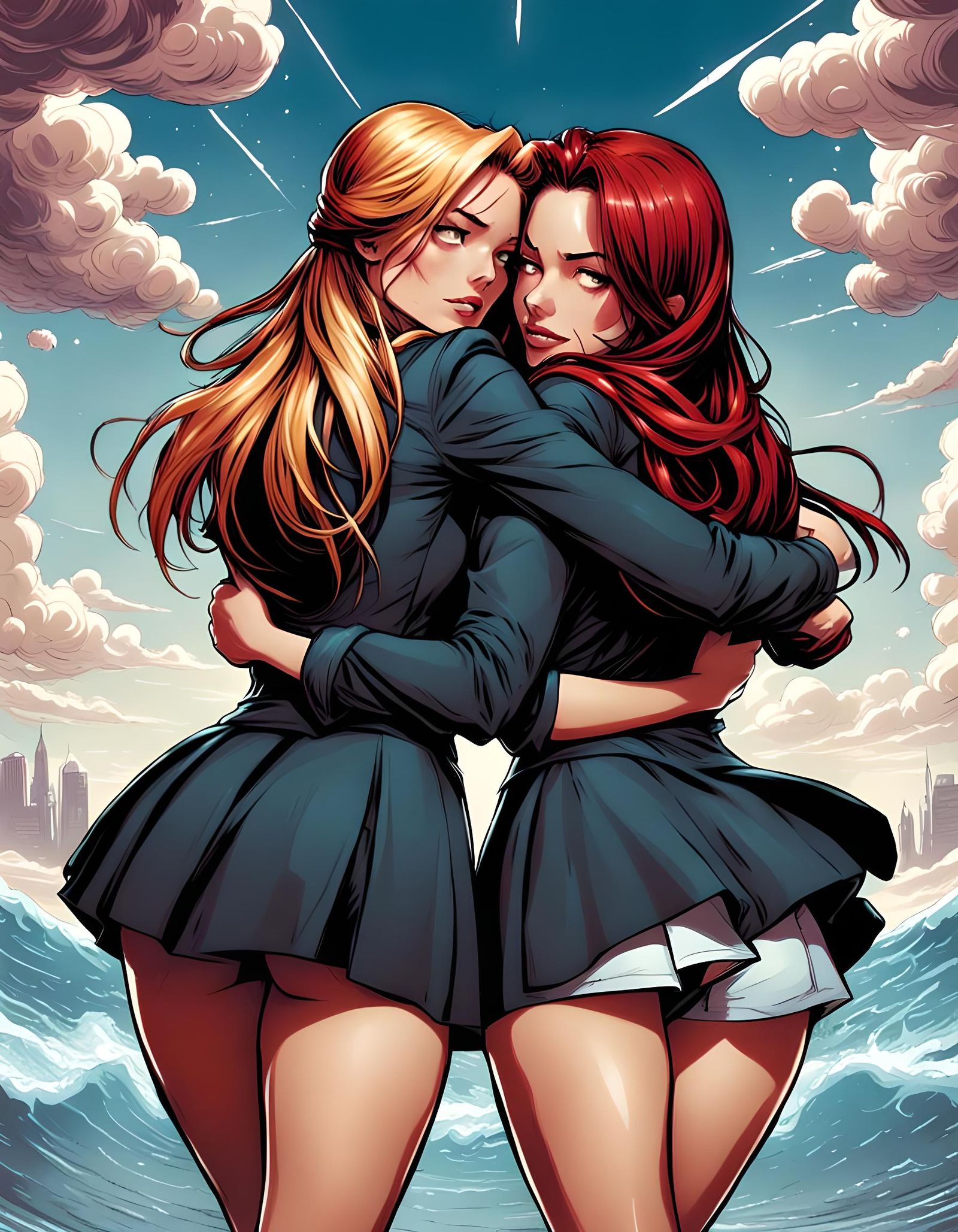 School Girls Embrace: Comic Book Art Illustration