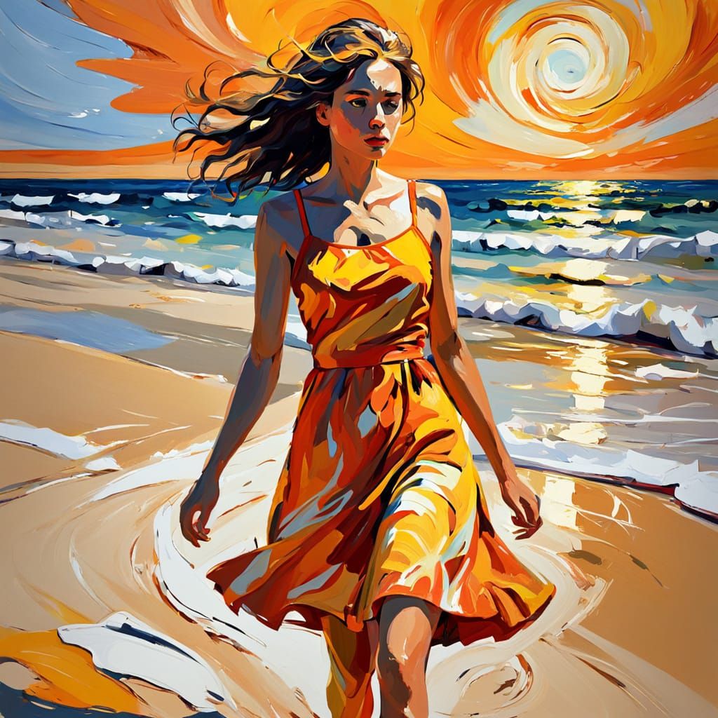 Woman on Beach in Fauvist Abstract Expressionism