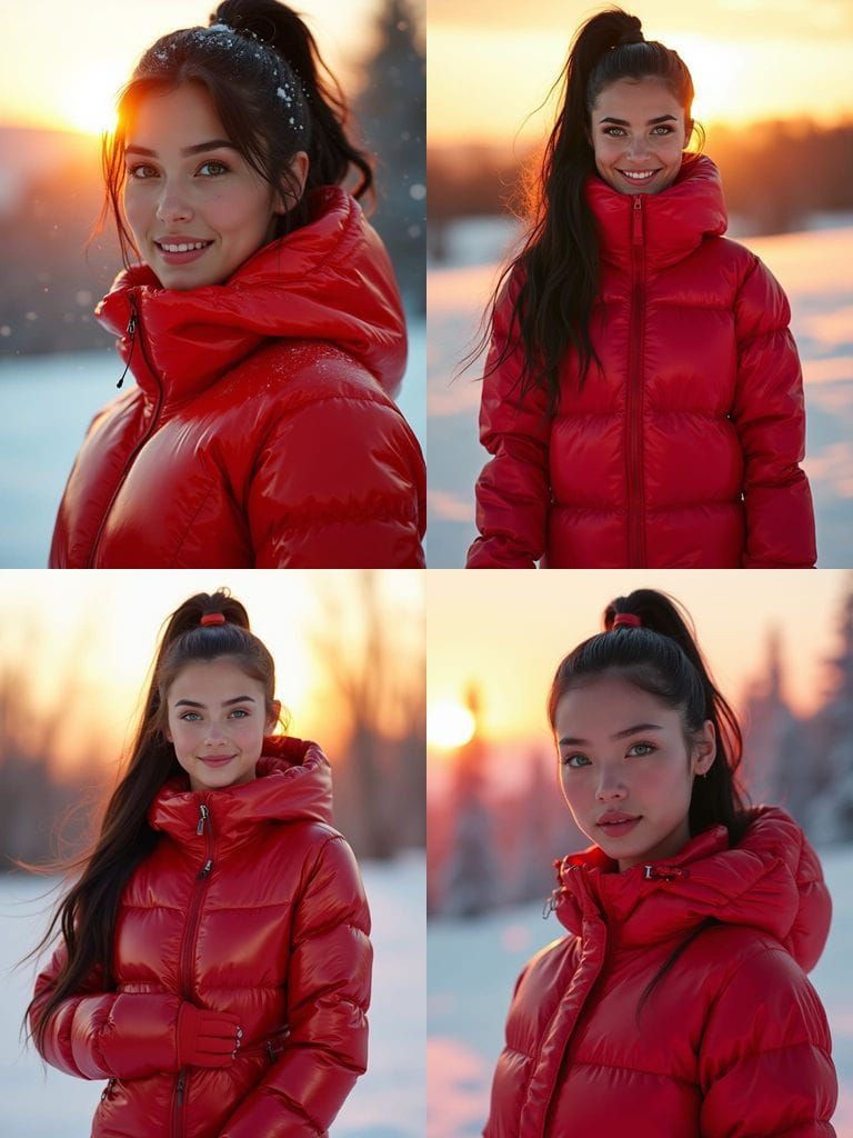 Hyperrealistic Portrait of a Young Woman in a Red Ski Suit
