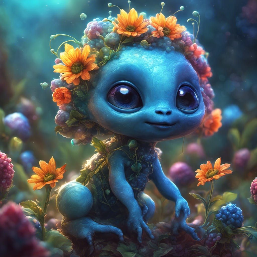 Cute Smiling Baby Aliens with Flowers in Fantasy Style