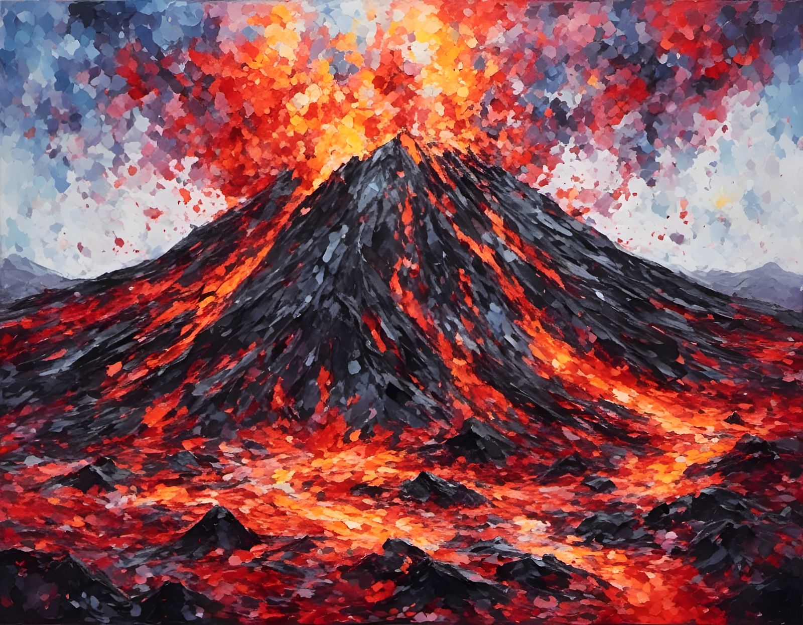 Geometric Volcano Painting with High Contrast