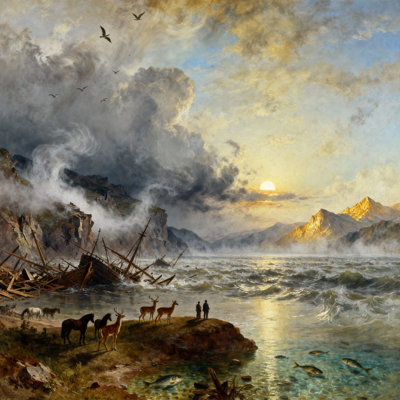 First Sunrise After Global Flood in Romantic Oil Painting St...