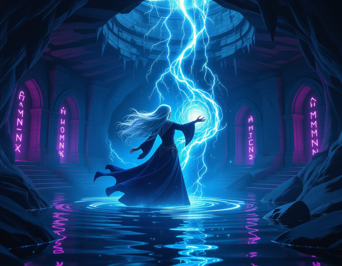 Sorceress Conjures Arcane Storm in Glowing Cavern