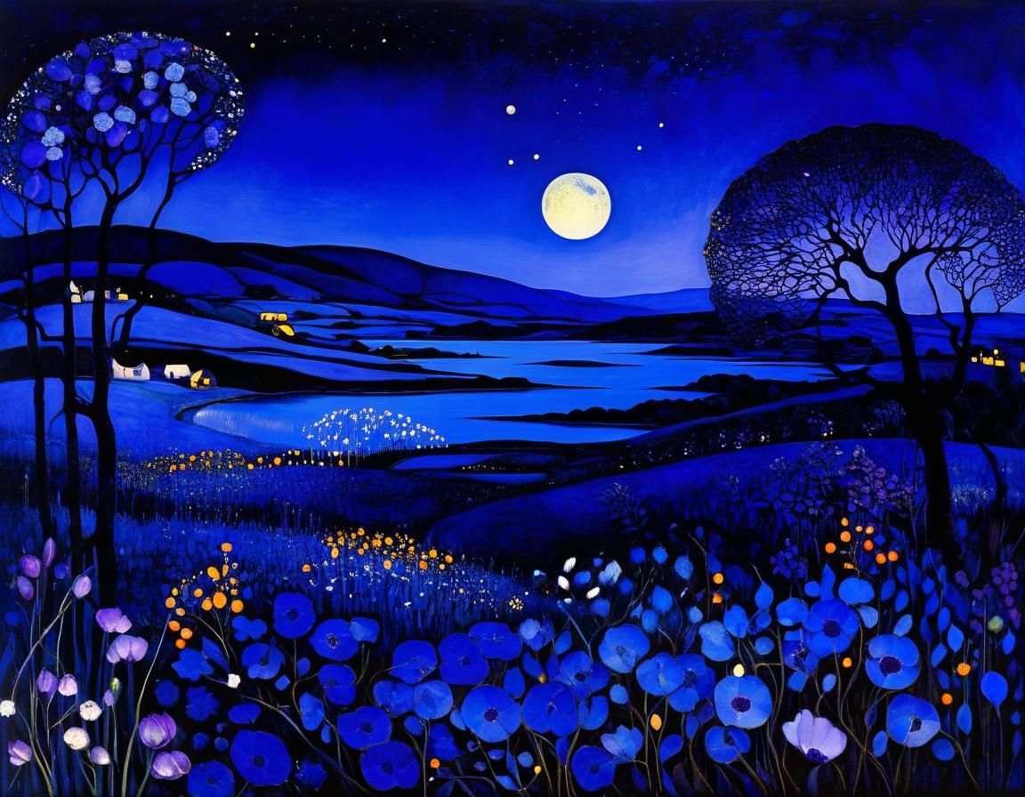 Mysterious Nocturnal Dreamscape in Deep Blues and Violets