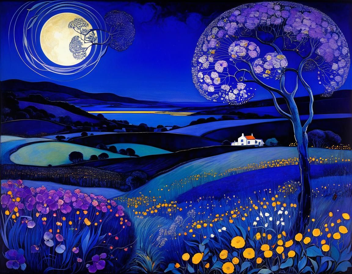 Mysterious Deep Blue Night Landscape with Violet Hues